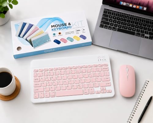 Image of Wireless Bluetooth Keyboard and Mouse Combo, Rechargeable Slim Multi-Device Keyboard with Bluetooth, Mouse with Bluetooth & 2.4G USB Receiver. (Baby Pink)