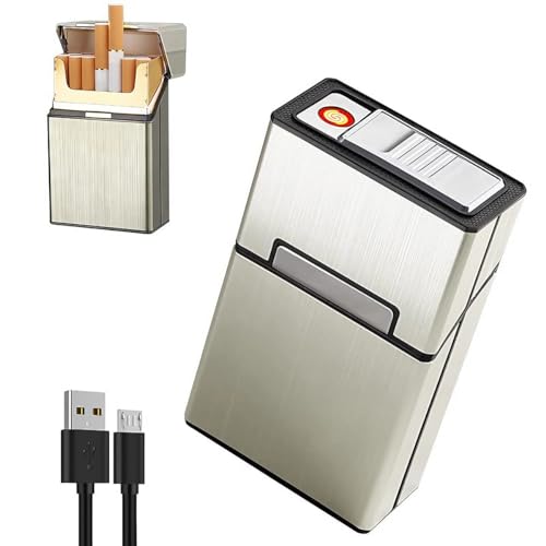 Image of GUSTAVE Brushed Aluminum Cigarette Case with USB Electric Lighter, Portable Cigarette Box for Whole Package 20pcs Cigarettes, Flameless Lighter, Moisture-Proof and Scratch(Golden)