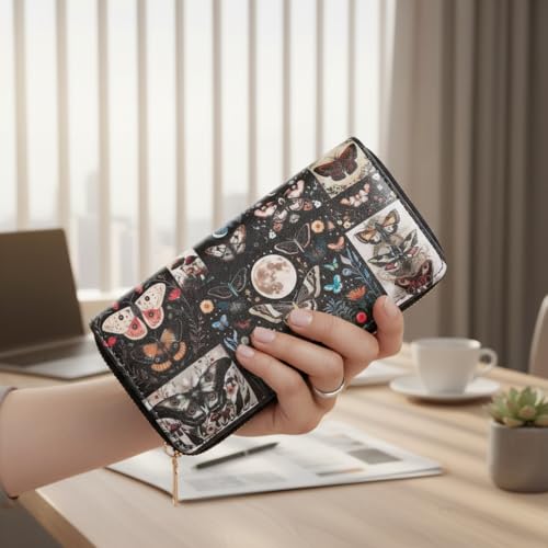Image of Butterfly Double Zip Wallet for Women - Large Capacity Floral & Moth Print Clutch with Smooth Zippers, Travel Card Holder Purse
