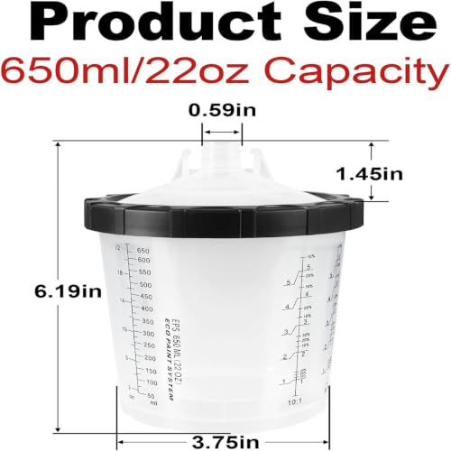 Image of Paint Spray Gun Disposable Cups System, 650ml (22oz) Automotive Paint Mixing Kit with 45 Lids & Liners, 125 Micron Filter, Hard Cup, Plugs for HVLP & LVLP Automotive Spray Guns