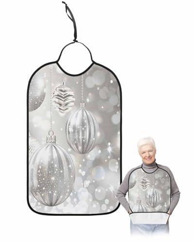 Onekaccu Christmas Adult Bibs for Elderly Women Men Washable Bibs for Eating, Silver Grey Christmas Balls Gradual Waterproof Clothing Protectors Adult Bibs with Crumb Catcher