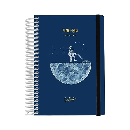 Casterli 84064 - AGENDA ESCOLAR 2023-24. Día página, tamaño A6 (11 x 16 cm), Tapa Forrada, estampación en oro, y goma. Interior papel 70 gr. Encuadernación con espiral plástico blanco.