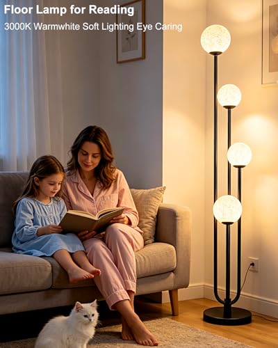Image of Lightdot Black Globe Floor Lamp 4-Lights Dimmable Floor Lamps with Tray 3000K Bulbs Included Unique Candle Standing Lamp with Grey Shade for Living Room /Bedroom /Sofa Beside /Corner Decor