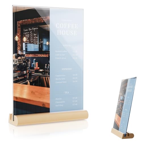 Zephyra Soporte Metacrilato A5,A5 Soporte para Letreros de Acrílico,Soporte de Sobremesa Transparente con Base de Madera Extraíble,Forma de F/L Ranura doble,Exhibición de Doble Cara para Tienda,Hotel