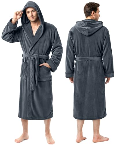 NY Threads Men's Hooded Fleece Robe, L/XL, Grey