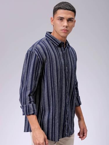 Image of The Indian Garage Co Men Slim Fit Striped Full Sleeves Cutaway Collar Casual Shirt