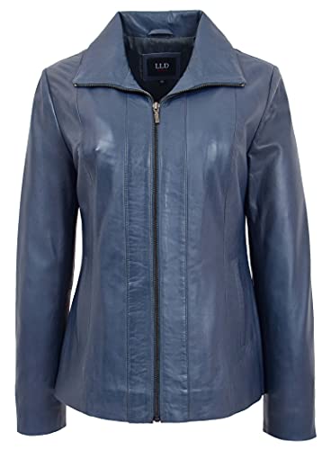 Veste classique en cuir véritable pour femme avec fermeture éclair style boîte Julia, bleu, 38