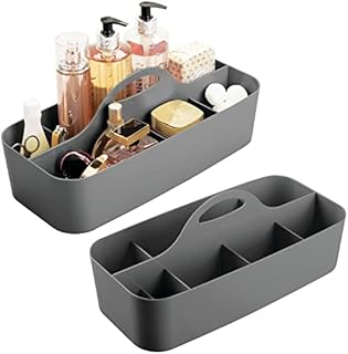mDesign Set of 2 Bathroom Basket with Handles  Extra Large Cosmetics Organiser with 11 Compartments  Also Ideal as a Kitchen Organiser or Shower Caddy  Charcoal Grey