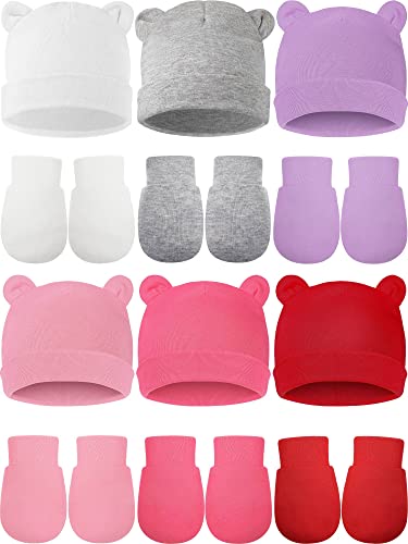 Image of Geyoga 12 Pieces Newborn Hat Mittens Gloves Set Baby Boys Girls Cotton Baby Beanie for 0-12 Months