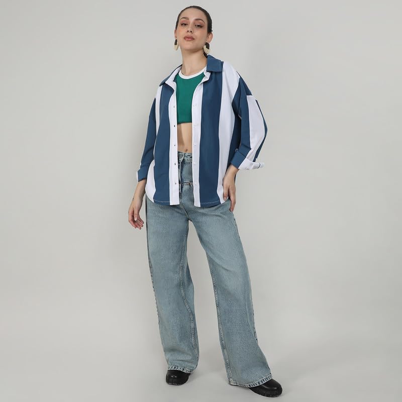 Image of PINACOLADA Women's Boxy Striped Shirt for Casual Wear | Spread Collar | Cuffed Sleeves | Button Closure | Shirt Crafted with Comfort Fit for Everyday Wear