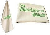 Vom Tellerwäscher zum Millionär. Bio Geschirrtuch aus Baumwolle. Mit Handsiebdruck.