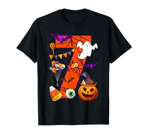 Cute 7 Years Old 7th Birthday Ghost Happy Halloween Day Kids T-Shirt