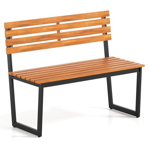 KOMFOTTEU Banc de Jardin 2 Places, Banquette de Parc en Bois & Métal, Charge de 360 kg, Chaise de Parc avec Dossier, Assise à Lattes, pour Balcon, Terrasse,...