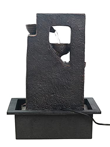 Image of Polyresin Table Top Black 4 Diya Steps & Green Leaf Design Indoor Waterfall Fountain for Home Decor with LED Lights & Speed Controller Pump (Size: 40 x 29.5 x 22CM | Weight: 2250grm)