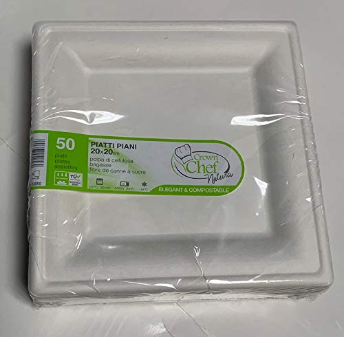 Platos llanos Brenta 20 x 20 cm de pulpa de celulosa y fibras de caña de azúcar para microondas y horno, cartón con 20 paquetes de 50 unidades