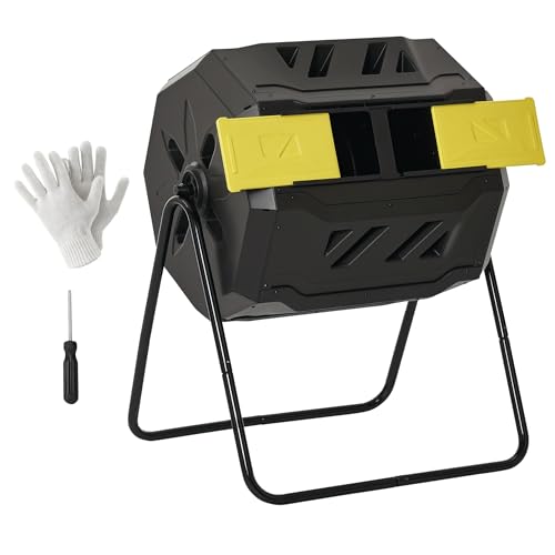 Outsunny 160L Tumbling Compost Bin Outdoor Dual Chamber 360 Rotating Composter Garden Compost Bin w/Sliding Doors & Solid Steel Frame Yellow