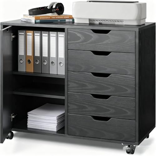 Image of 5-Drawer Wood Drawer Cabinet, Office Storage Cabinet with Adjustable Shelf & Wheels, Printer Stand for Home Office, Black, 15.7 inch D x 30.7 inch W x 25.4 inch H