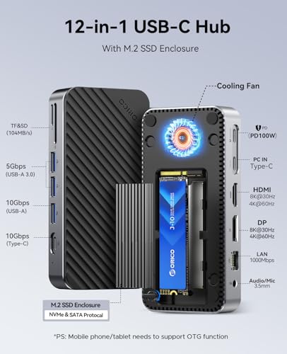 12-in-1 Hub USB C con Case SSD M.2, Docking station USB C Senza Attrezzi con Ventola Integrata, HDMI, DP, Gigabit Ethernet, 100W PD, SD/TF, Audio/Mic, 10Gbps USB A & USB C & 2* 5Gbps USB A-M2P11 - Hub USB - Immagine 1