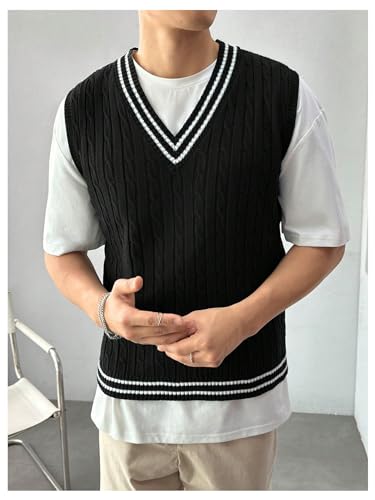 SOLY HUX Men's Striped Cable Knit Sweater Vest V Neck Sleeveless Casual School Sweater Tops4