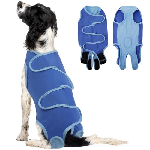 SAWMONG Recovery Suit for Dogs Cotton, Professional Dog Surgery Suit for Spay, Pet Cone Alternative, Breathable Dog Onesie for Surgery Female Male, Abdominal Wounds Skin Disease Cat (L, Blue)