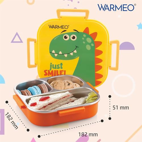 Image of WARMEO Jerry Insulated Lunch Box with Three Compartment BPA Free, Kids Lunch Box,Food Grade Ideal for School, Picnic, Office & Outdoor - 500ml Dino, Stainless Steel