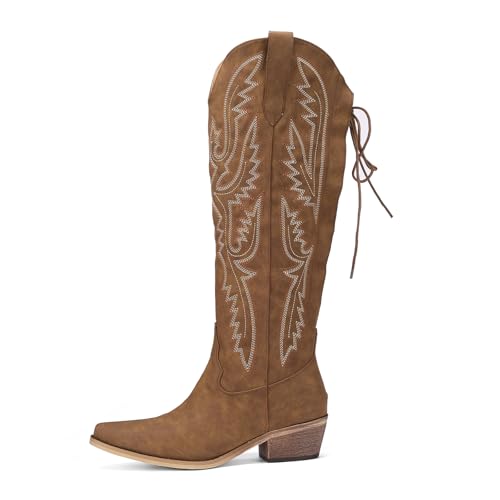 Image of Lace Up Cowboy Boots for Women Embroidered Wide Calf Cowgirl Boots Comfortable Chunky Heel Pointed Toe Trendy Western Shoes for Prom Music Festival