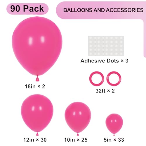 Image of Voircoloria 90pack Hot Pink Balloons Different Size 18 /12 /10 /5 Inch Dark Pink Balloon Garland Arch Kit for Graduation, Wedding, Birthday, Princess Theme Party, Valentine's Day, Baby Shower Decorations