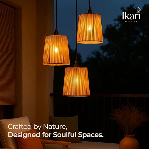 Image of Ikari Homes Rattan Chandelier 3 in1 Pendant Light, Natural Beige, Boho Style, E27 Base, Chandelier for Living Room I Dining I Bedroom I Balcony I Adjustable Wire - (Bulbs not Included) (Taper Raffia)