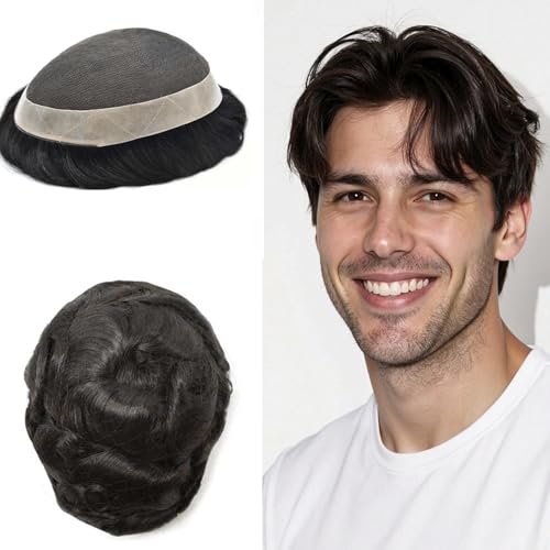LYRICAL HAIR French Lace Hair System for Men Pu Around Mens Toupee Human Hair Toupee for Men Hairpiece 120% Medium Density #1B Off Black, 8X10