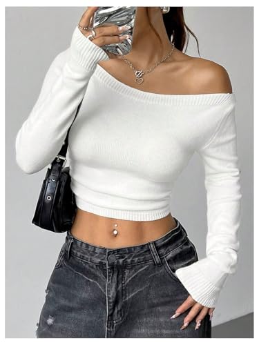 GORGLITTER Women's Off The Shoulder Sweater Long Sleeve Knit Pullovers Jumper Crop Tops4