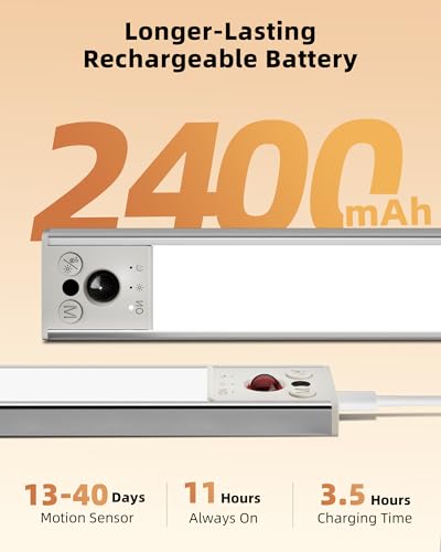 EZVALO 10inch Under Cabinet Lighting, LED Motion Sensor Light Indoor, 2400mAh USB Rechargeable Closet Lights, Dimmable & Magnetic Wireless Under Counter Lights for Kitchen, Pantry, Stairs (2 Pack) image 4