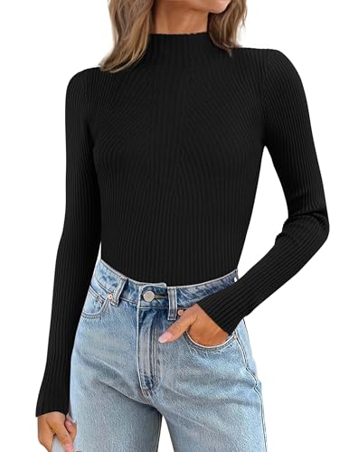 ATHMILE Women's 2025 Fall Long Sleeve Pullover Ribbed Knit Sweater Low Mock Neck Slim Fit Basic Casual Tee Tops
