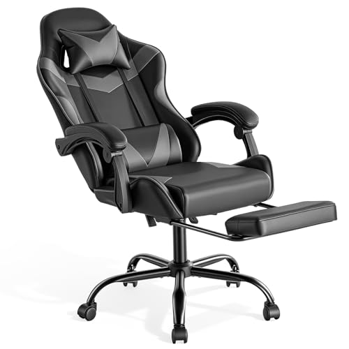 Sweetcrispy Gaming Stuhl, Gaming Chair mit Fußstütze Kopfstütze Lendenwirbelstütze, Ergonomischer PC Stuhl, Höhenverstellbarer Bürostuhl Computerstuhl, Gamer Stuhl, Drehbarer Schreibtischstuhl, Grau