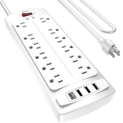 Image of 10 Feet Extension Cord Power Strip, Yintar Surge Protector with 12 AC Outlets and 4 USB Ports, 2700 Joules, ETL Listed, White