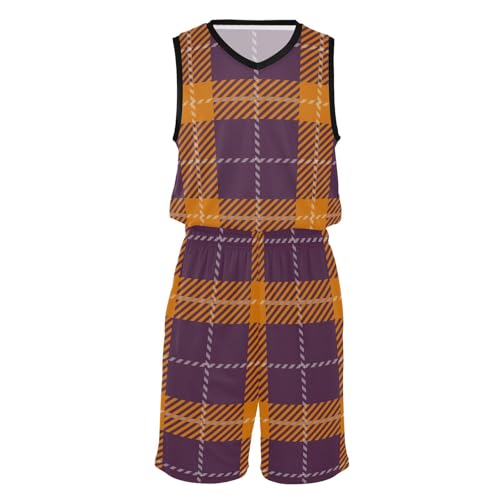 Maillot et short de basket-ball enfant au motif plaid original violet et orange