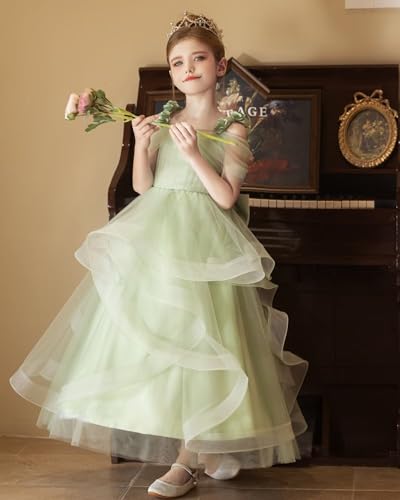 Ruffled Tulle Flower Girl Dress with Bow Knot Floral Applique Cold Shoulder First Communion Dress Spaghetti Straps Gown2