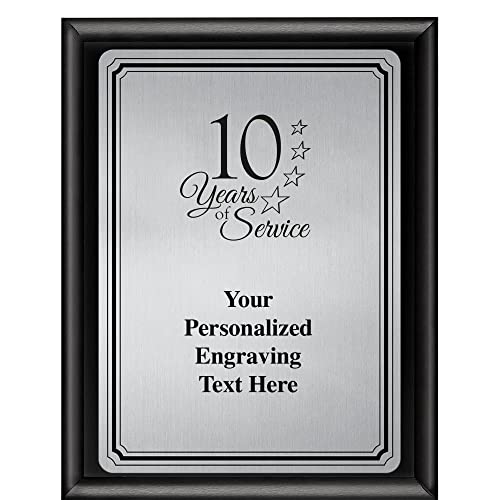 Crown Awards 10 Years of Service Plaque Award, 6x8 Personalized Silver Work Anniversary Employee Appreciation Metal Trophy On Shiny Black Plaque with Custom Engraving