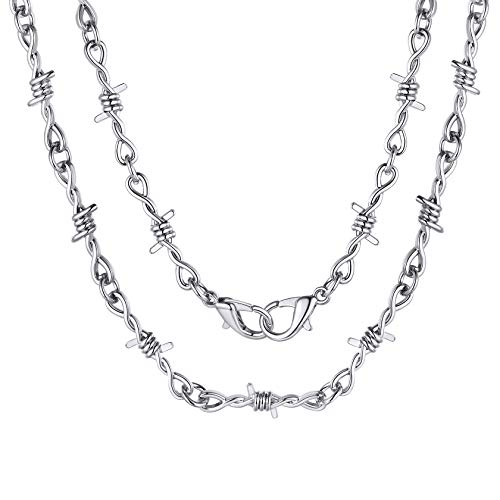 ChainsHouse Barbed Wire Necklace Mens Necklace Stainless Steel 6mm Thorns Chain with Padlock and...