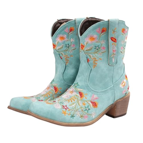 Bottines brodées à Bout carré FGRID avec Gros Talons Bloc pour Marcher sans Fatigue