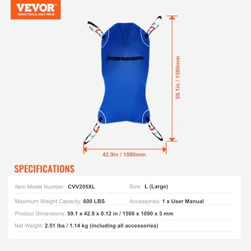Image of VEVOR Universal Full Body Patient Lift Sling - Large, Patient Lift Medical Sling for Easy Transfer and Bathing, Polyester Patient Aid Transfer Sling for Elderly, Disabled, Bedridden, 600LBS Capacity