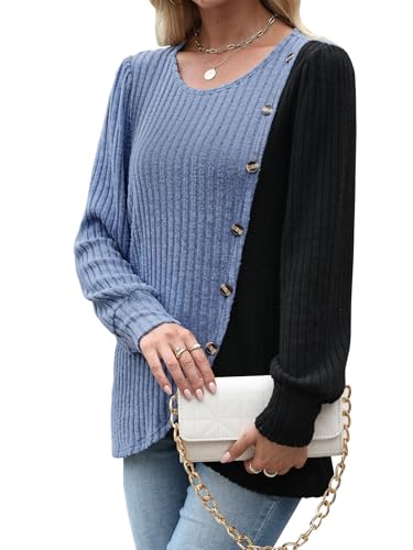 MixShe Womens Knit Sweaters 2025 Fall Winter Casual Long Sleeve Ribbed Colorblock Button Pullover Tops3
