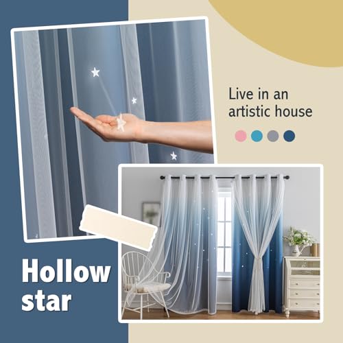 Image of indistar Colourful Stripe Star Cut-Out Blackout Curtains for Bedroom,2 Layers Mix Design of Fabric & Tulle,Pretty Window Curtain for Kids Room 1 Panel (W52 x L95 Dark Blue)