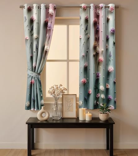 Image of Ultimate Trends Room Darkening Digital Printed 3D Prints Curtain 65-70% Opacity,Diamond Eyelets, Tie Back, Floral Decorated, 6 FEET Pack of 2,Sage Green