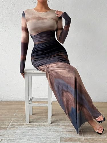 Image of Womens Long Sleeve Maxi Dress Mesh Bodycon Spring Fall Formal Wedding Guest | Tie Dye Ruched Night Out Cocktail Party Long Dresses