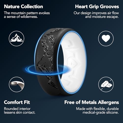 King Will Silicone Rings For Men, Rubber Wedding Bands with Unique Mountain Peak Design Multiple Colors, 8mm Wide 2.2mm Thick, Comfort Fit Size 7-133