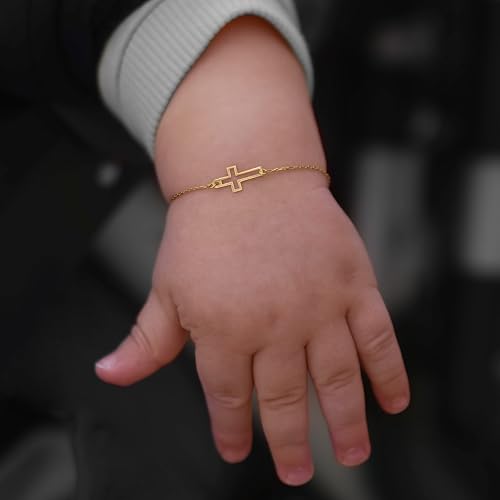 14K Solid Gold Baby Cross Bracelet – Sideways Adjustable in Hollow or Solid – Religious Gift for Baptism, Infant, Teen, Boys & Girls3