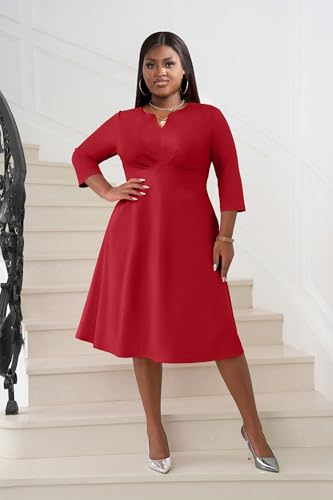 Image of Nmoder Women's Plus Size Stretchy Flared Wrap Dress Casual Wedding Guest Midi Dresses V Neck 3 /4 Sleeve A-Line Swing Dress