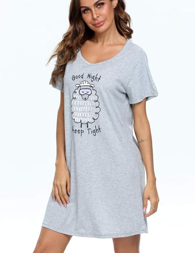 Image of ENJOYNIGHT Womens Cotton Nightgown Short Sleeve Sleepshirt Print Nightshirt | Short-Sleeve Crew Neck, Soft Cotton Fabric, Cartoon Printed Sleep Shirt, Loose Fit