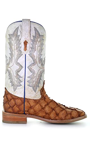 CORRAL MEN'S COGNAC/WHITE FISH PIRARUCU EMBROIDERY SQ. TOE, LEATHER WITH RUBBER INSERT SOLE, WESTERN A40502