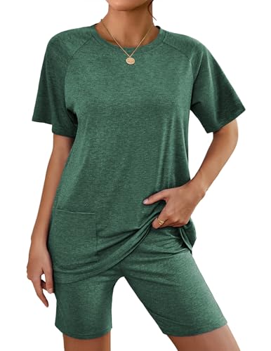 Image of Ekouaer Two Piece Sets for Women Summer Outfits 2026 Lounge Set Crew Neck Tshirts Biker Short Sweatsuit with Pocket